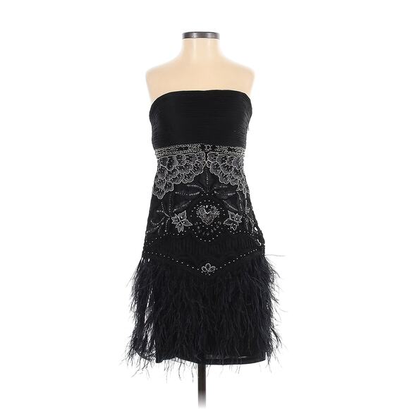 Sue Wong Nocturne Designer Strapless Embellished Feathered Dress Black Sz 2